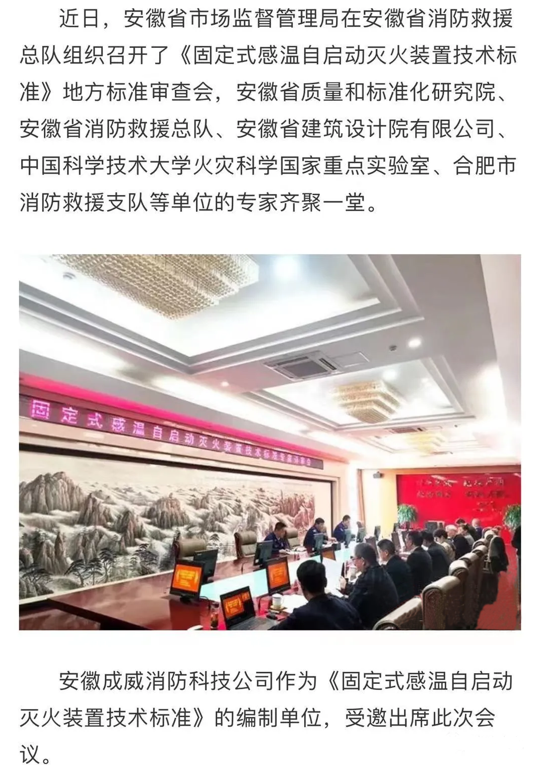 安徽省地方標(biāo)準(zhǔn)《固定式感溫自啟動(dòng)滅火裝置技術(shù)標(biāo)準(zhǔn)》評(píng)審會(huì)順利召開(kāi)