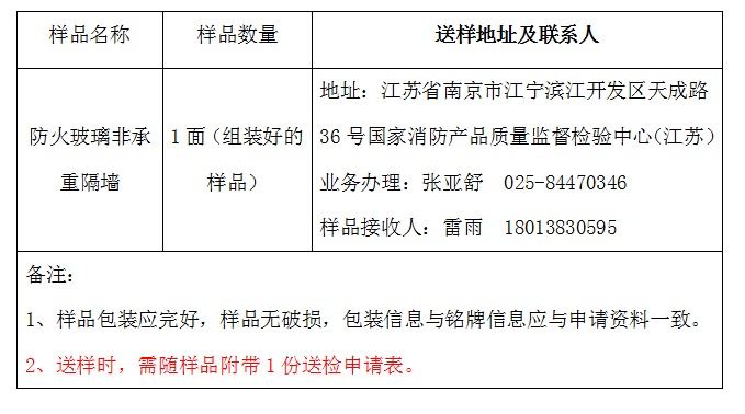 防火玻璃非承重隔墻自愿性認證送檢文件（江蘇所）樣品數(shù)量及送樣要求