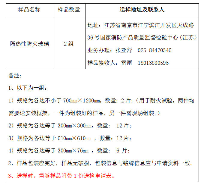 防火玻璃自愿性認(rèn)證送檢文件（江蘇所）樣品數(shù)量及送樣要求